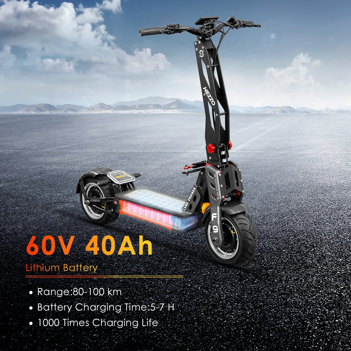 HEZZO F9 60v 8000w Dual Motors Electric off-road Scooter 40LG Lithium NFC 12"Fat Tire Racing Escooter