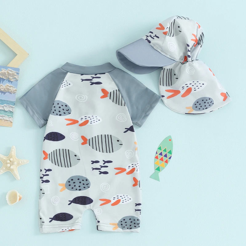 Toddler Baby Boys Swimwear Cartoon Fish Print Short Sleeve Swimsuit