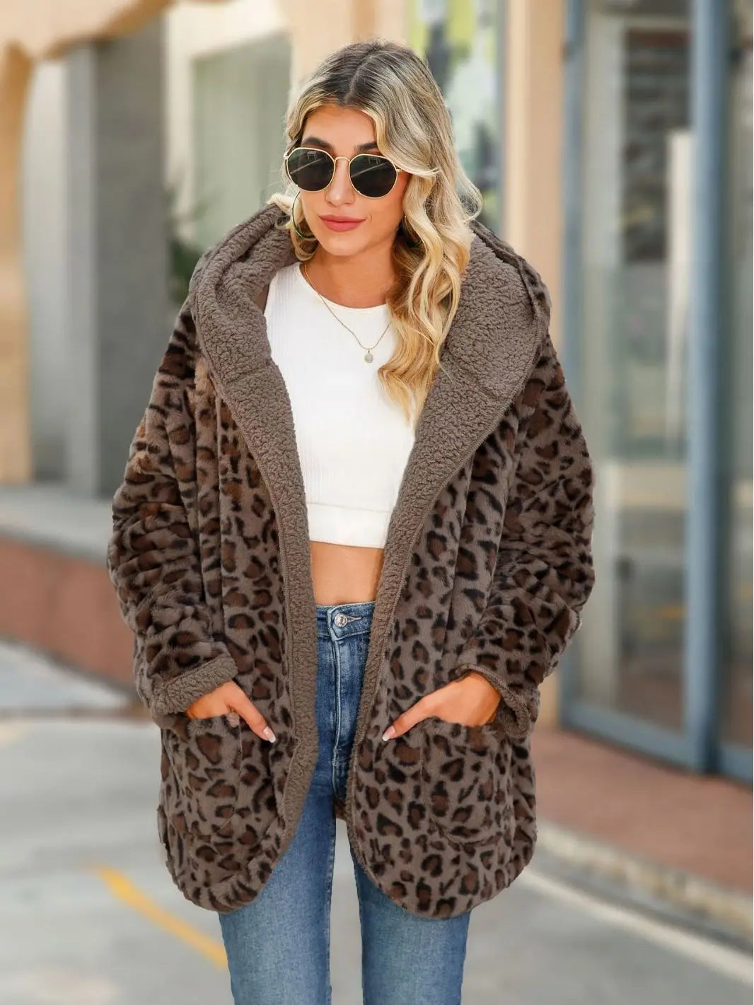 Woman Sweaters Cardigan Long Sleeve Leopard Print Outdoor Jacket