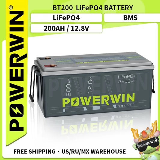 POWERWIN BT200 12.8V 200Ah LiFePO4 2560Wh/1280W Built-in 200A BMS GradeA 4000+ Deep Cycle Solar Rechargeable