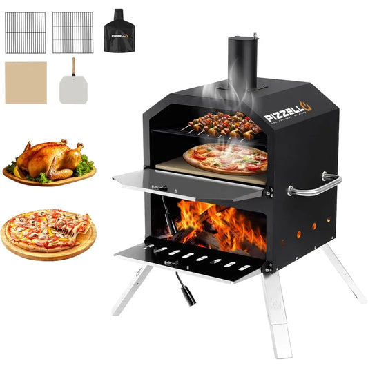 Outdoor Pizza Oven 12-16" Large Wood Fired 2-Layer Pizza Ovens with Stone