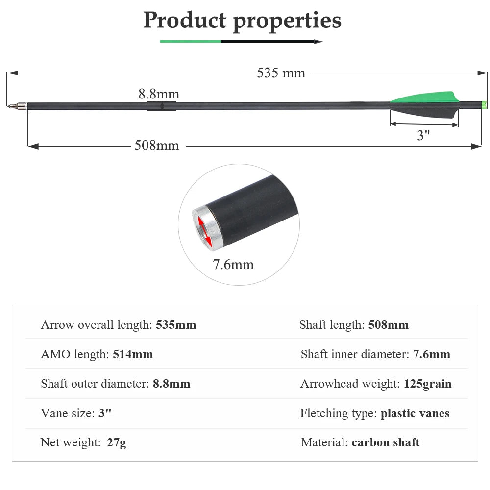 12pcs 20" inch Bow Mixed Carbon Arrow 8.8mm 125grain Removable Tips
