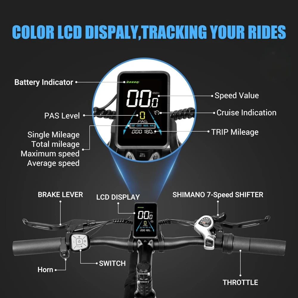 Electric Bike,26" Fat Tire Electric Mountain Bike with 500W (Peak 720W) 48V 13Ah Battery, 25MPH, E-Bike 7 Speed